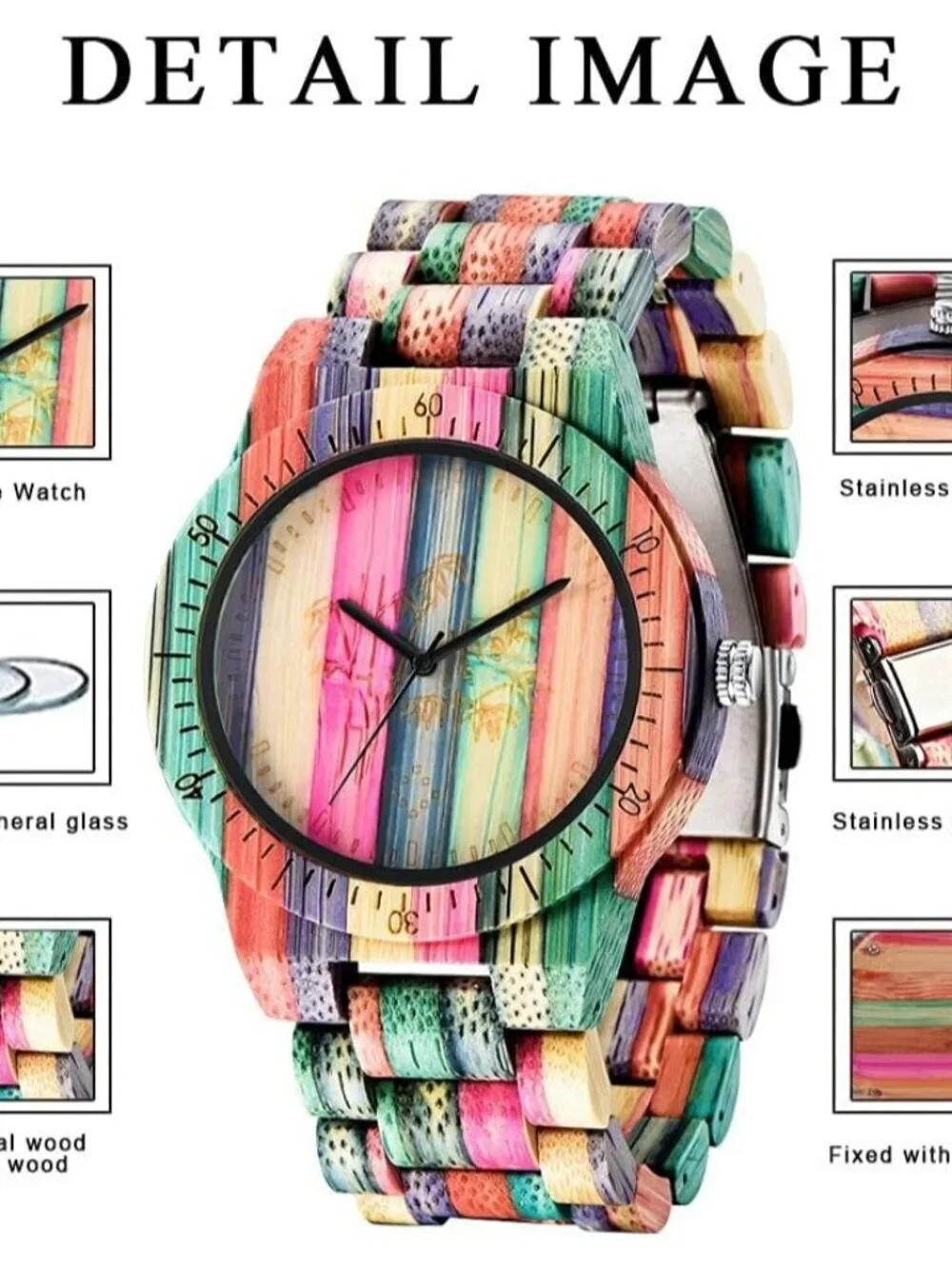 Men's Watch Colorful Multi Wooden Striped Handmade Analog Dial Quartz Wristwatch